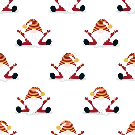 seamless pattern with hand cute gnome in striped high cap, funny illustration, beautiful christmas design elementsのイラスト素材