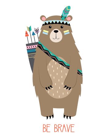 cute card of brave bear in tribal style, vector illustration, can be used for any design, fashion print designのイラスト素材