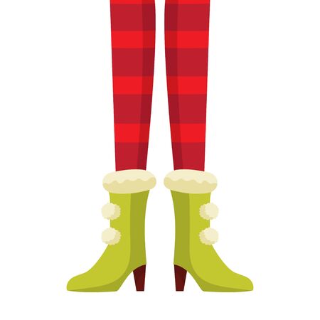 Female Christmas Elf legs in striped stockings. Pixie, Santa Claus helper, elfin cartoon character. Vector illustration isolated on white background.のイラスト素材