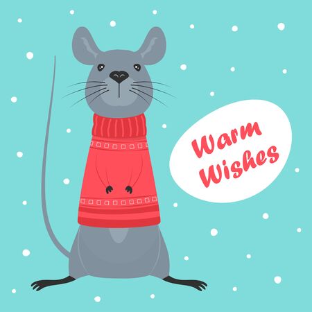winter banner with cute mouse for New Year greeting card, funny rat wear sweater isolated on snow background with lettering warm wishesのイラスト素材