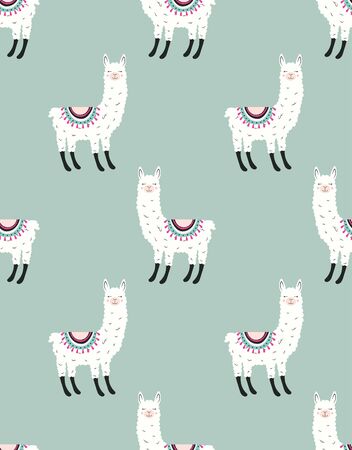 cute white llama, alpaca seamless pattern design, trendy cartoon llama vector backgroundのイラスト素材