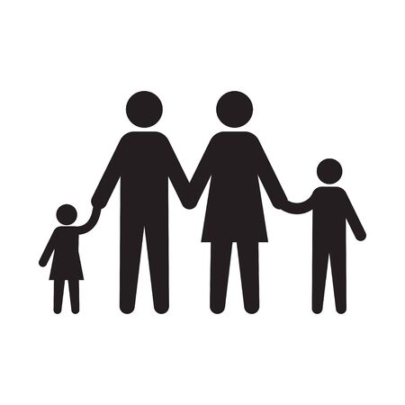 Family icon, father and mother holding kids by hand happy parents. Vector illustration isolated on white background.のイラスト素材