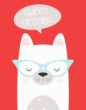 cute cartoon cat and inscription sweet dreams, greeting card with cat in glasses on coral background, poster with cute pet and letteringのイラスト素材