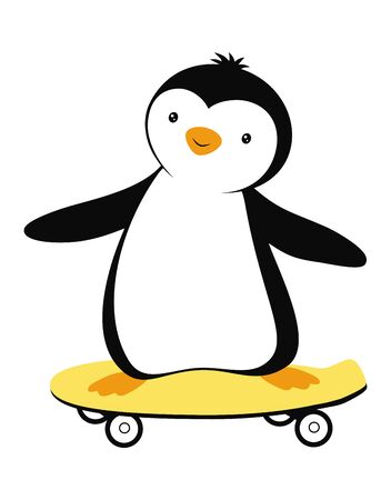 cartoon card of cute penguin with skateboard isolated on white background, symbol of vacations and summer holidays, vector illustrationのイラスト素材