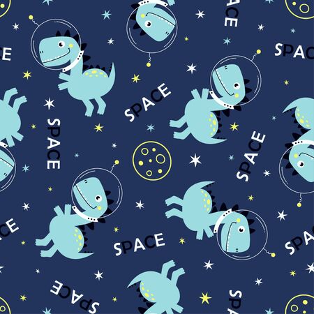 seamless pattern of dino with stars, moon and lettering space isolated on blue background, dinosaur vector illustration for kids fashionのイラスト素材
