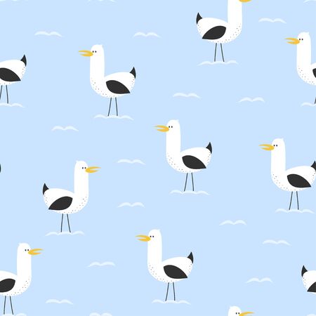 cute seamless pattern of seagulls in scandinavian flat style isolated on blue water and waves, vector sea bird illustration, for childrenのイラスト素材