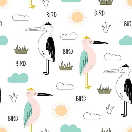 seamless pattern with cute herons, lettering bird, clouds, sun and plants, vector illustration in scandinavian style on white background, print for childrenのイラスト素材