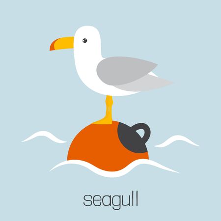 card of cute seagull on buoy isolated on waves, hand drawn vector illustration for kids, cartoon flat marine backgroundのイラスト素材
