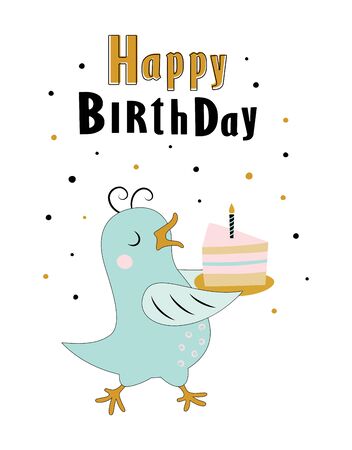 greeting card with cute bird and piece of cake isolated on white, postcard with lettering Happy Birthday, scandinavian style, flat vector illustrationのイラスト素材