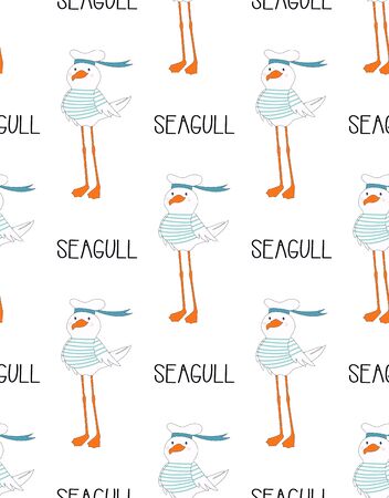 seamless pattern of cute seagull in sailor hat isolated on white, hand drawn vector illustration for kids, cartoon flat marine background in scandinavian style with lettering seagullのイラスト素材