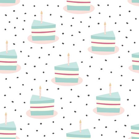 seamless pattern of sweet festive piece of cake with candle and lettering Happy Birthday, vector isolated illustration on white backgroundのイラスト素材