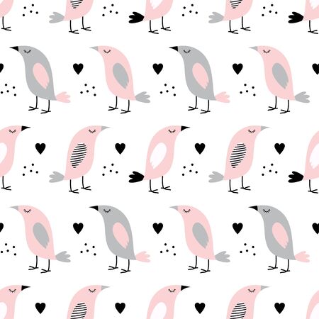seamless pattern of cartoon pink birds and hearts on white background, whale vector illustration in scandinavian styleのイラスト素材