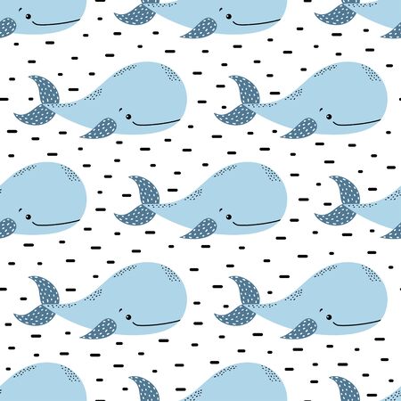 seamless pattern of cartoon whale and waves on white background, whale vector illustration in scandinavian styleのイラスト素材