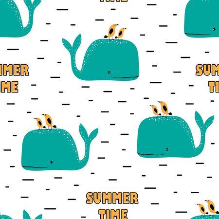 seamless pattern of cartoon whales, birds and lettering summer time on white background, whale vector illustration in scandinavian styleのイラスト素材