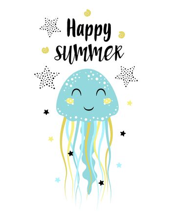 card with cute jellyfish, shellfish, starfish and lettering happy summer in scandinavian style on white background, cute baby animalsのイラスト素材