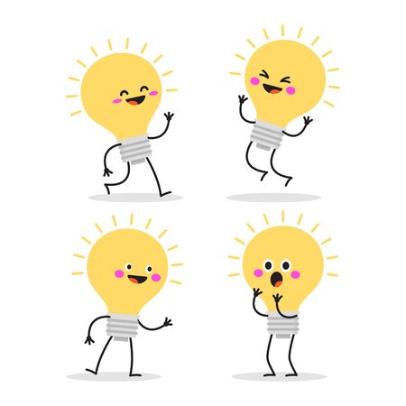 Set of cartoon images of funny yellow light bulbs with emotions on a white background. Positive character. Vector illustration isolated on white background.のイラスト素材
