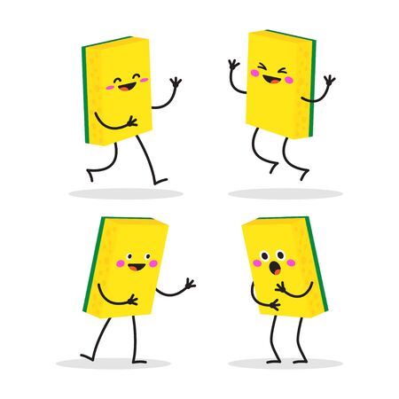 Set of sponge for washing dishes characters in different situations and poses. Vector illustration isolated on white background.のイラスト素材