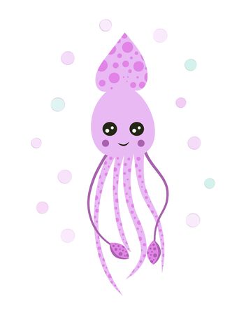 card with cartoon cute squid in scandinavian style on white background, cute baby marine animals printのイラスト素材
