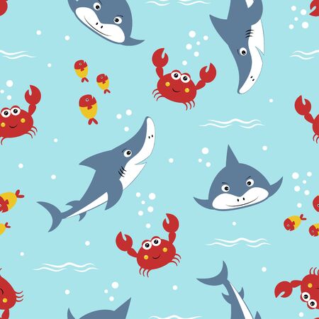 seamless pattern of cute shark, crabs and fishes isolated on blue, print in cartoon style with animal marineのイラスト素材