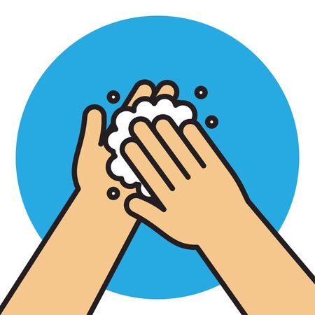 Wash hands. Arm in foam soap bubbles. Personal hygiene. Disinfection, skin care. Vector illustration.のイラスト素材