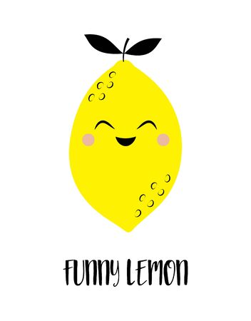 illustration with cartoon fruit and lettering funny lemon, banner with lemon isolated on white background, fruit printのイラスト素材