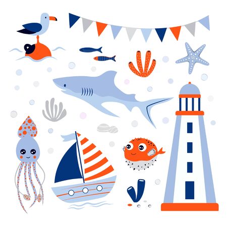 marine theme, sea travel, nautical set with ship, lighthouse, starfish, gull, fish, squid and shark isolated on whiteのイラスト素材