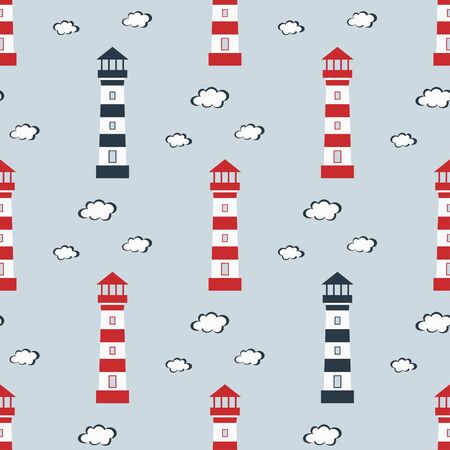 seamless pattern of lighthouse and clouds isolated on blue background, marine printのイラスト素材