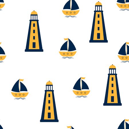 seamless pattern of lighthouse and sailboat isolated on white background, marine printのイラスト素材