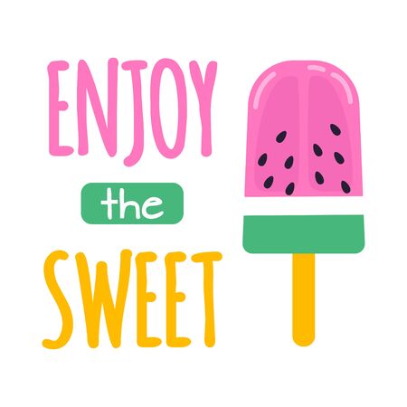 card of green pink fruit ice cream with lettering enjoy the sweet isolated on white background, vector llustration of ice cream in cartoon styleのイラスト素材