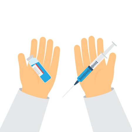 Doctor is holding syringe and ampoule with vaccine. Injection of flu shot, anesthesia. Medicine, science and health care. Vector illustrationのイラスト素材