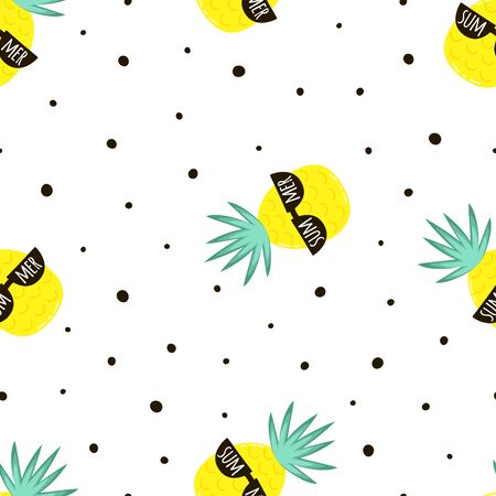vector seamless background of funny pineapples in glasses with lettering summer, tropical printのイラスト素材