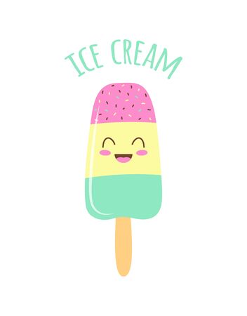 summer card with cute colored ice cream and lettering isolated on white background, vector illustrationのイラスト素材