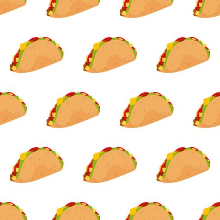 traditional tacos seamless pattern isolated on white background, mexican taco in wheat tortillaon, fast food, vector illustrationのイラスト素材
