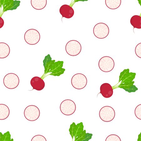 radish vegetable seamless pattern isolated on white background, whole and slice of red radish, vector illustrationのイラスト素材
