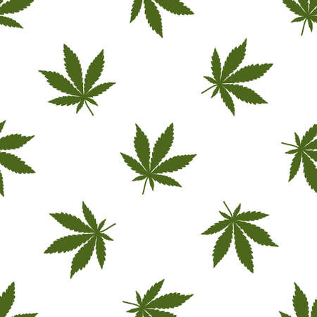 Seamless pattern of green cannabis leaves on a white background. Marijuana green leaf.のイラスト素材