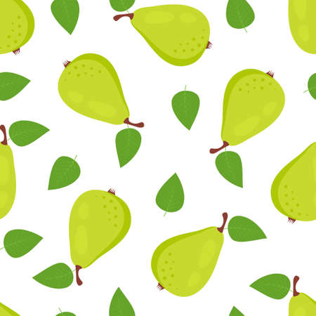 seamless pear pattern isolated on white background, vector illustration, ripe whole fruits with green leavesのイラスト素材