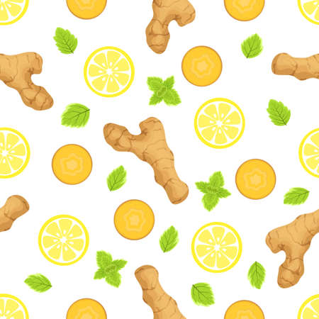 seamless vector pattern of ginger, lemon and mint on white background, vector illustrationのイラスト素材