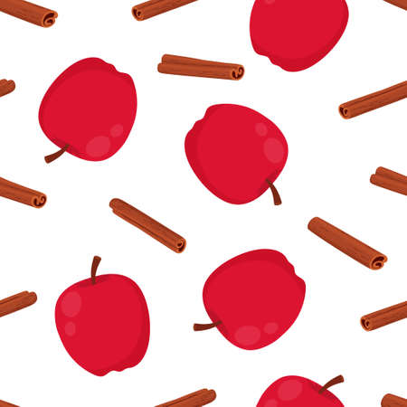 cinnamon sticks and red apples seamless pattern isolated on white, vector illustration, background of cartoon fragrant spices used for any designのイラスト素材