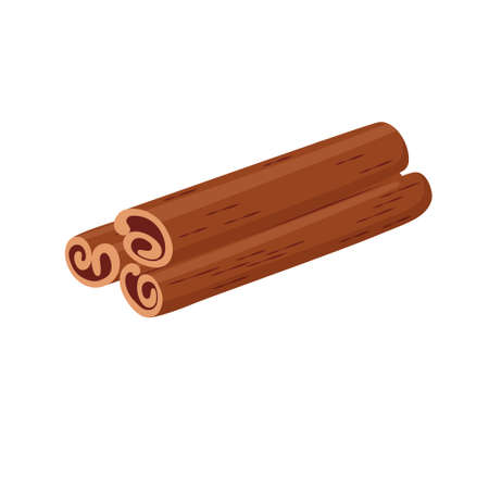 three rolled sticks of cinnamon isolated on white background, aromatic spice, condiment for dishes, flat vector designのイラスト素材