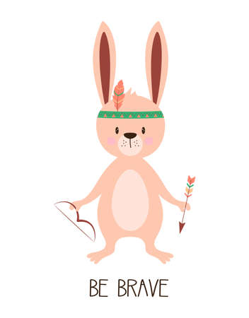 vector illustration of cute indian rabbit in Indian headband and feather with bow and arrow, tribal rabbit with lettering be brave isolated on white backgroundのイラスト素材