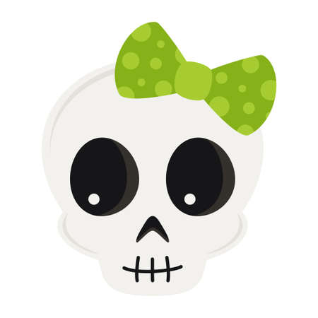 cute white skull with bow isolated on white background, vector illustration, halloween cardのイラスト素材