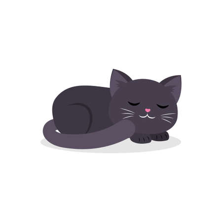 Black cute cat sleeping curled up in a ball in cartoon style. Vector illustration, isolated on white background.のイラスト素材