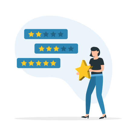 Feedback. Evaluation of customer reviews.Customers evaluating a product, service. Customer service and user experience concept. Vector Illustration.のイラスト素材