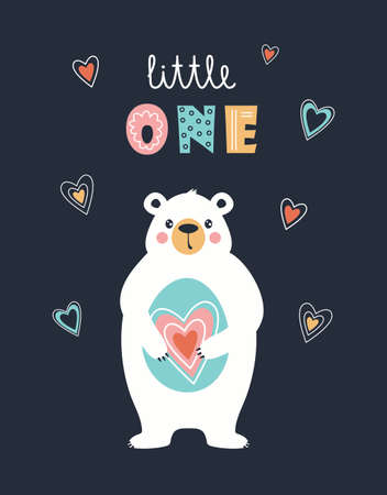 cute vector illustration with bear holding heart, white polar bear and lettering little one isolated on black background, scandinavian styleのイラスト素材