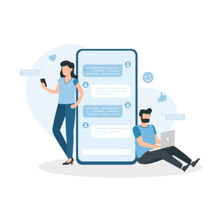 Chat talk. Man and womanchat in social networks send messages, using laptop and phone. Internet...
