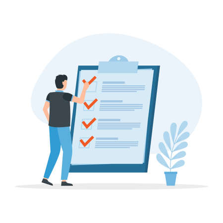 Check list with tick mark, man with questionnaire. Successful completion of business tasks. Vector illustrationのイラスト素材