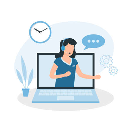 Operator on computer screen with headphones and microphone. Customer support center. Concept customer service, hotline operator advises client. Vector illustrationのイラスト素材