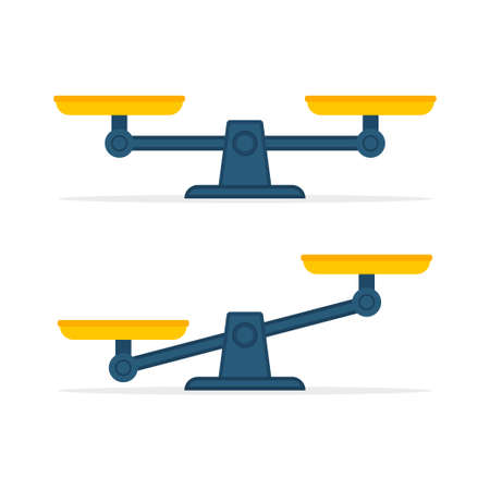 Set of scales. Bowls of scales in balance, an imbalance of scales. Libra isolated on white background. Flat design. Vector illustration.のイラスト素材