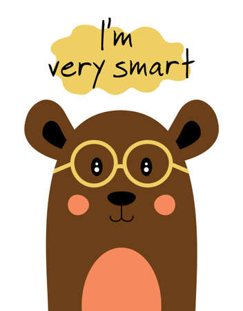 card with cute bear and lettering I am very smart isolated on white background, print for baby clothes or other kids products, vector illustration, animal simple flat designのイラスト素材