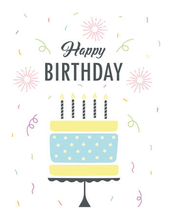 greeting card with cake, candles and lettering happy birthday in scandinavian style, vector illustrationのイラスト素材